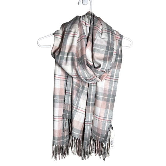 Gap Plaid Scarf BRAND NEW Soft Grey White Pink Fringe End Preppy Winter Cute